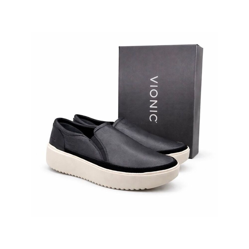 Vionic Kearny Supportive Slip On Sneakers Black Leather Platform Womens 11 EU 42